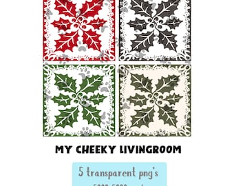 Vintage Holly Leaves Christmas PNG Bundle | Block Print Linocut Style Clipart Set | Folk Art Holiday Botanical Illustrations