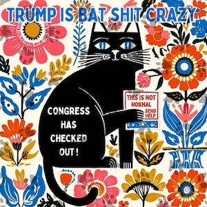 Könnte beinhalten: Illustration einer schwarzen Katze mit blauen Augen und weißen Schnurrhaaren, die ein Schild mit der Aufschrift "THIS IS NOT NORMAL SEND HELP" hält. Das Bild enthält den Text "TRUMP IS BAT SHIT CRAZY" und "CONGRESS HAS CHECKED OUT!" umgeben von bunten Blumenmustern.