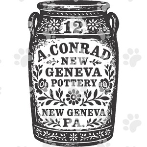 May include: A black and white illustration of a vintage pottery jar. The jar features the text "A. Conrad New Geneva Pottery" and "12". Floral and leaf designs decorate the jar's surface, with handles on either side.