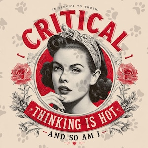 Può includere: Un'illustrazione grafica con il ritratto di una persona con un foulard, incorniciata da rose rosse e impronte di zampe. Il testo recita: IN SERVICE TO TRUTH. CRITICAL. THINKING IS HOT. AND SO AM I. Il design utilizza una tavolozza rossa, nera e crema.