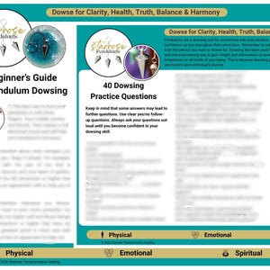 Puede incluir: Gráfico informativo turquesa y dorado con el texto "Beginner's Guide to Pendulum Dowsing" y "40 Dowsing Practice Questions". Incluye imágenes de péndulos y el logotipo de Starrose Pendulums.
