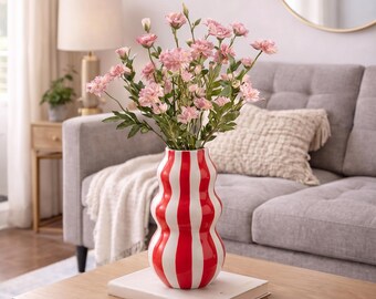 Gestreepte keramische vaas: Wabi Sabi bloemenhouder, modern keramisch tafelstuk (23 cm)