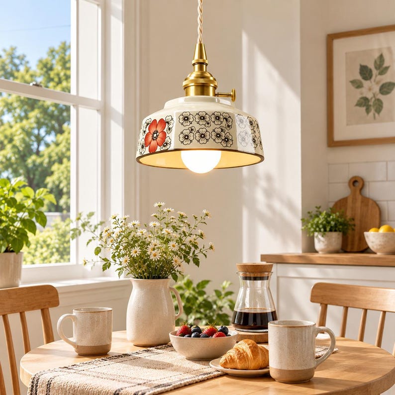 Ceramic Pendant Light Blue White Lamp Floral Hanging Fixture Kitchen ...