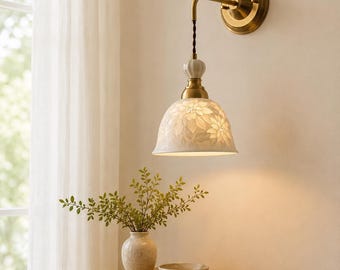 Handgemaakte keramische wandlamp: Japanse bloemenwandlamp, vintage hanglamp (E27)