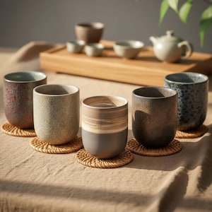 May include: A collection of ceramic tea cups in various colors, including brown, gray, and speckled patterns, resting on woven coasters. A wooden tray holds additional tea cups and a teapot, creating a serene tea set arrangement.