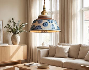 Ceramic Pendant Light Copper Hanging Lamp Kitchen Ceiling Fixture Dining Room Chandelier Vintage Artistic Shade Painted Porcelain Nordic
