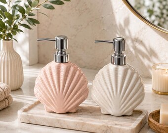 Keramische zeepdispenser, navulbare zeep- en lotionfles, keramische lotionpomp, badkameraccessoire, roze schelp, kuststijl, keukenwastafel