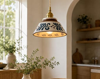 Blauw-witte keramische hanglamp in retrostijl, geschikt voor keuken, eetkamer, slaapkamer, E27-lamp met botanisch patroon.