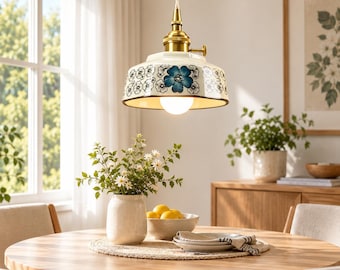 Blauw-witte keramische hanglamp met bloemenmotief: Japanse retro keukeneiland kroonluchter