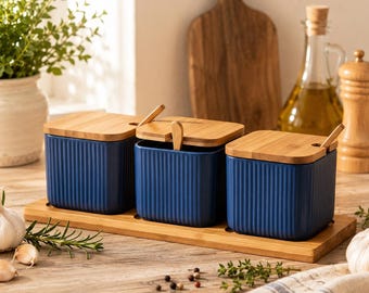 Set di contenitori in ceramica con coperchio in bambù per spezie, sale, zucchero, stile rustico, da cucina, organizer da banco moderno.