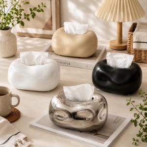 May include: Four oval-shaped tissue box covers with a smooth, rounded, organic form. One is matte white, one is matte beige, one is matte black, and one is a reflective silver metallic finish. Each holds a stack of white tissues protruding from the top.