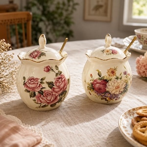 May include: Two cream-colored ceramic sugar bowls with lids and gold spoons. Each bowl is decorated with a floral pattern of pink roses and other flowers. The bowls have a scalloped edge and gold trim.