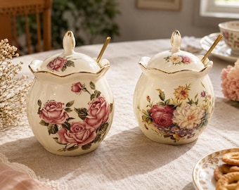 Ceramic Sugar Jar Floral Tea Canister Kitchen Storage Container Coffee Canister Spoon Holder Seasoning Pot Countertop Organizer Airtight