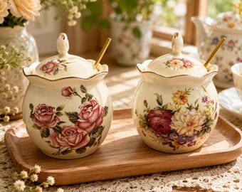 Keramische kruidenpot met deksel en lepel: Landelijk bloemendesign, keukenopbergpot