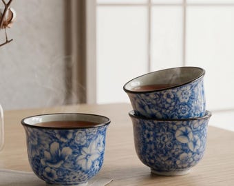 Ceramic Tea Cup Blue White Porcelain Teacup Set Handmade Chinese Gongfu Ceremony Gift Men Birthday Present Dad Husband Brother Friend