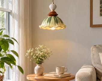 Keramische hanglamp met vintage bloemenkap, Franse slaapkamer plafondlamp, messing halverlichting, entree, landelijke keuken