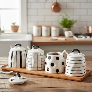Puede incluir: Un juego de cuatro botes de cocina de cerámica blanca con diseños negros, incluyendo rayas, cuadros y lunares, cada uno con tapa y cuchara pequeña. Los botes están colocados sobre una bandeja de madera, ideales para especias.