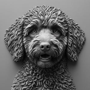 May include: A grayscale relief sculpture of a dog's head, featuring detailed fur texture and expressive eyes. The dog's mouth is slightly open, and the sculpture is set against a solid gray background. The dog breed is a Goldendoodle.