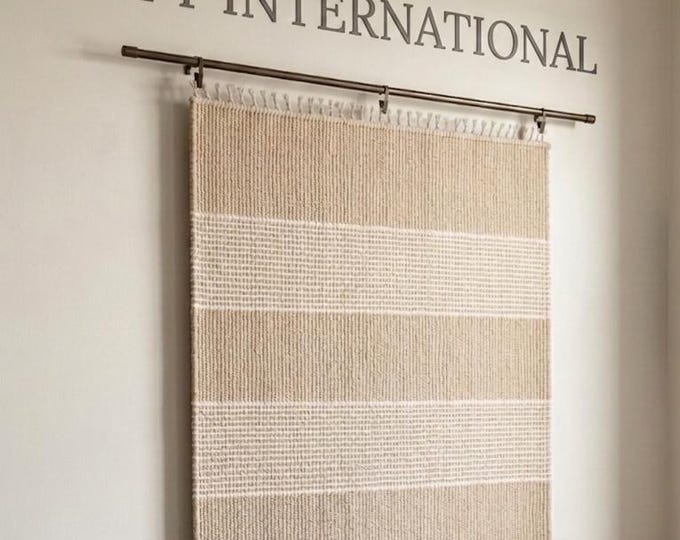Flatweave Beige Striped Rug with Tassels, Modern Farmhouse Neutral Carpet, Hand Knotted Aesthetic Area Rug, Durable Cotton Wool Rug