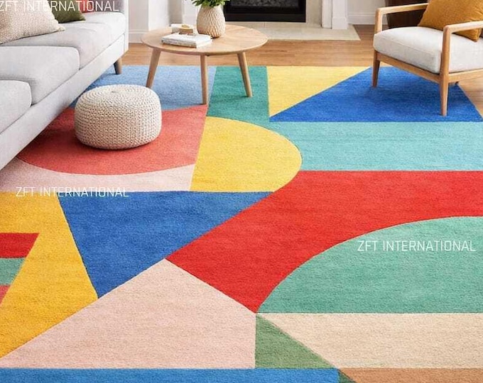 Vibrant Geometric Handtufted Wool Rug | Modern Colorblock Carpet | Mid-Century Decor