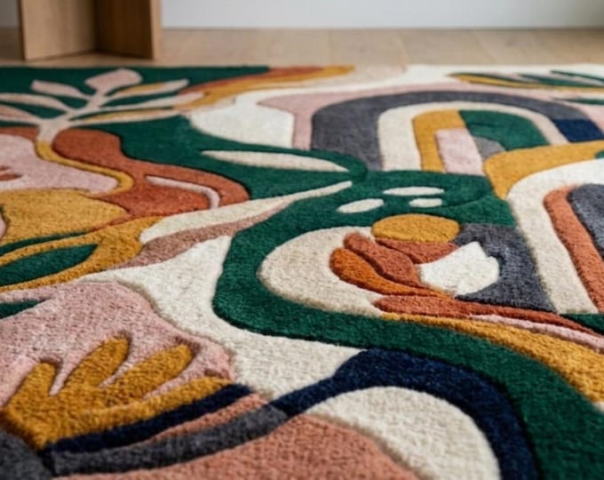 Hand Tufted Wool Rug – Abstract Botanical Modern Floor Art Carpet