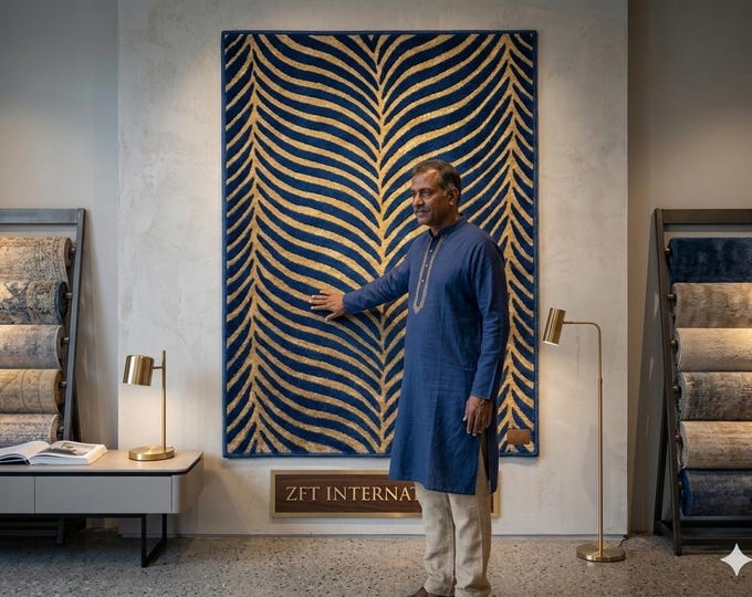 Hand-Tufted Wool Leaf Rug | Navy Blue, Gold Art Deco Area Carpet