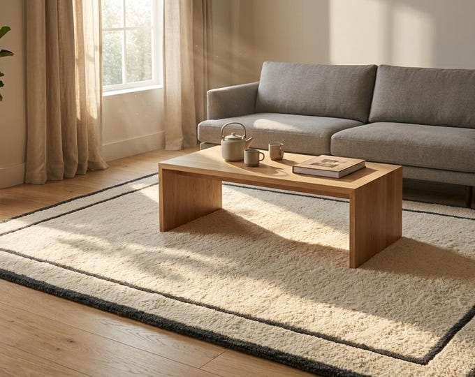 Ivory Wool Blend Area Rug | Grey Double Border Geometric Living Room Carpet