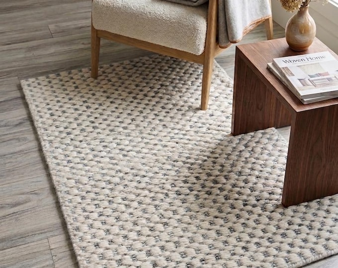Chunky Wool Loop Rug, Handwoven Bobble Area Rug, Scandinavian Textured Carpet, Off-White & Gray Boho Rug, Thick Popcorn Knit Custom Rug