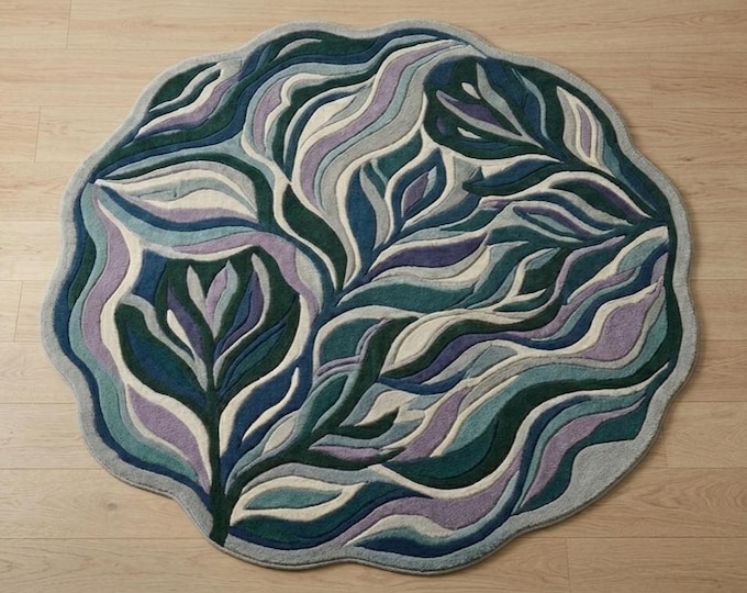 Hand-Tufted Wool Rug – Abstract Organic Wave Design, Botanical Artistry, home decor