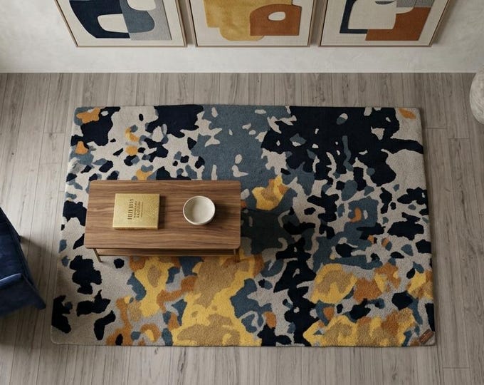 Hand-Tufted Wool Rug, Abstract Navy Blue Mustard Yellow Contemporary Area Rug
