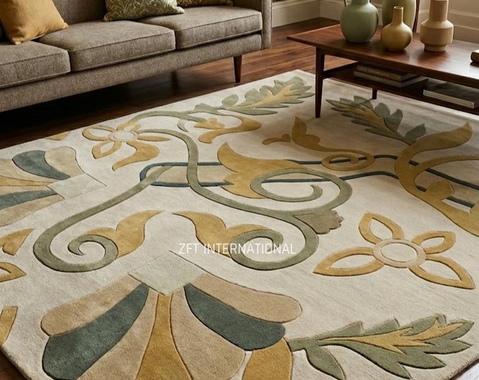 Hand-Tufted Wool Floral Rug | Art Deco Botanical Area Carpet