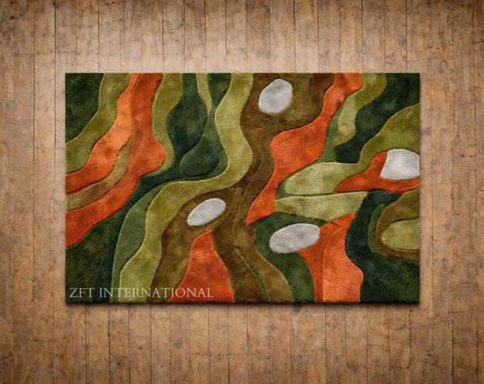 Hand-Tufted Abstract Wave Rug | Green, Orange, Earth Tone Wool Area Rug