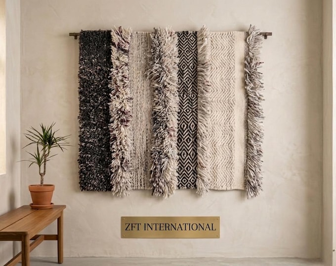 Boho Woven Wall Hanging, Textured Shag Tapestry, Modern Geometric Rug, Scandinavian Fiber Art, Cream & Charcoal Tribal Decor