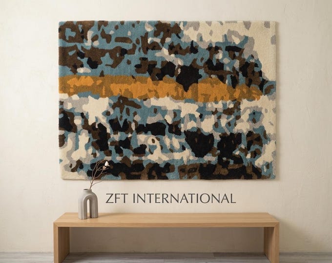 Midnight Mosaic Abstract Hand-Tufted Wool Rug | Teal, Mustard, Brown Contemporary Floor Art