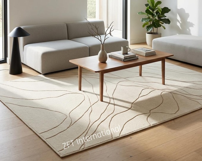 Hand Tufted Wool Rug, Neutral Beige Topographical Geometric Carpet, Modern Minimalist Area Rug