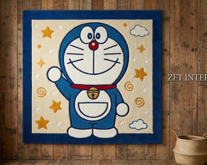 Hand-Carved Doraemon Wool Rug – Sculptural 3D Anime Area Rug for Kids Room