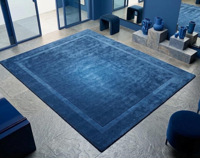 Hand Tufted Sapphire Blue Wool Rug | Modern Minimalist Area Rug, Simple Border