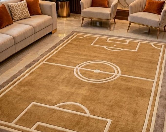 Soccer Field Area Rug – Golden-Ochre Wool Blend Sports Decor Carpet