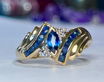 Vintage 10K Gold Natural Blue Sapphire Diamond Ring Marquise Estate Cocktail Ring Size 8