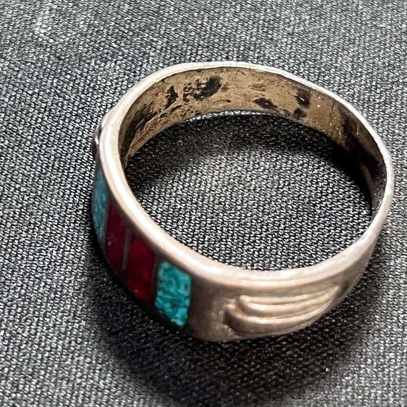 Vintage Southwestern Sterling Silver Ring Crushed Turquoise Red Coral ...