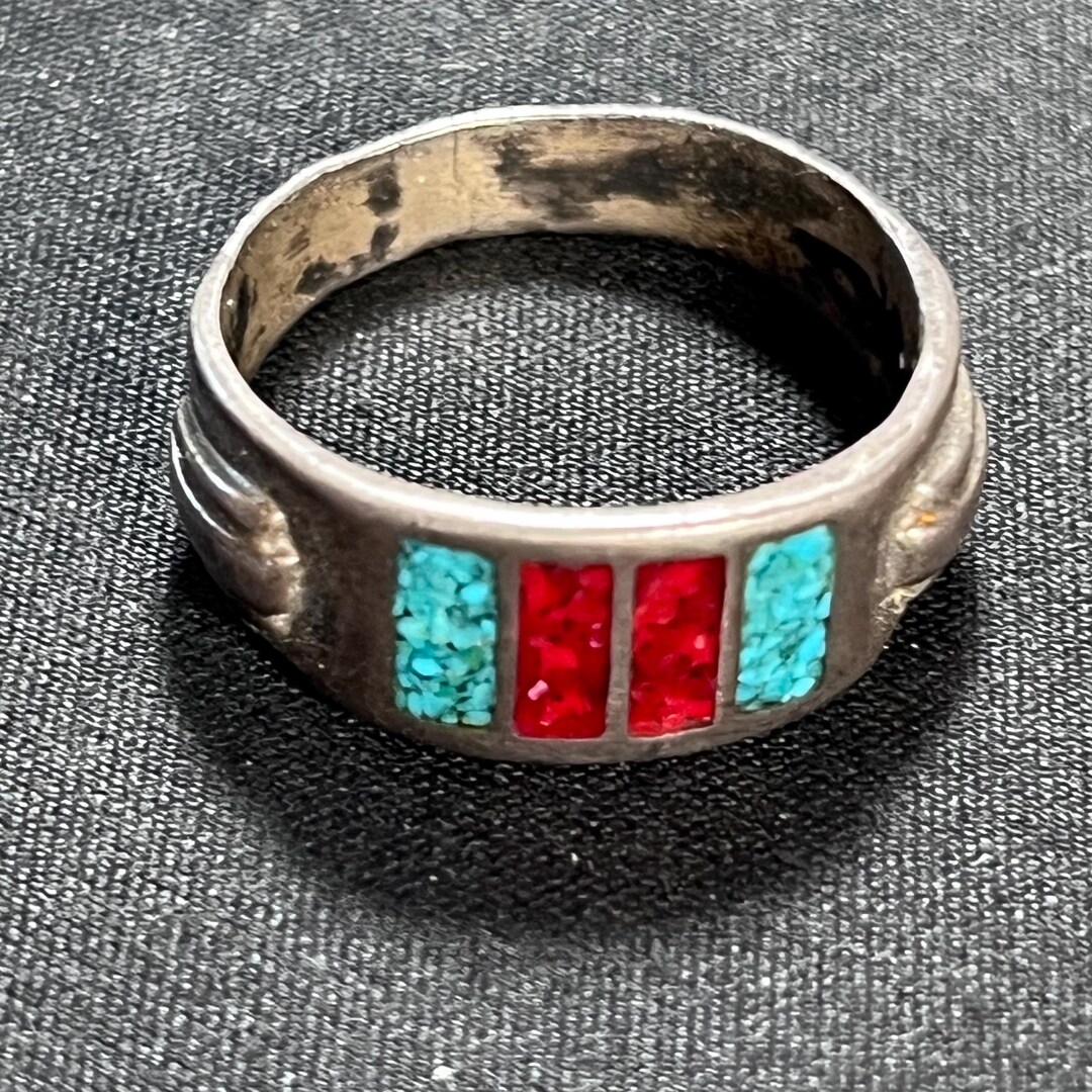 Vintage Southwestern Sterling Silver Ring Crushed Turquoise Red Coral ...