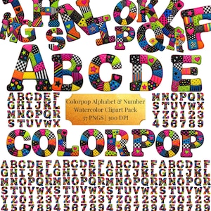 May include: A digital clipart collection featuring the alphabet and numbers in a vibrant, multicolored patchwork style. Each character displays various patterns including polka dots, stripes, stars, and hearts in neon pink, blue, green, and orange.