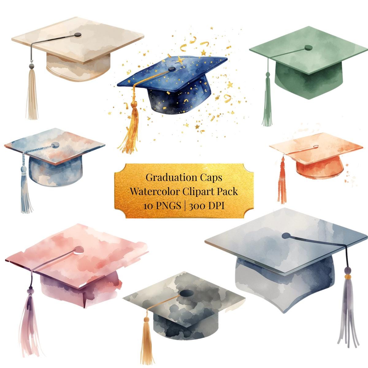 Graduation Caps Fading Watercolor Graduation Caps Clipart Pack | 10 Grad Caps, Senior Graphics ...