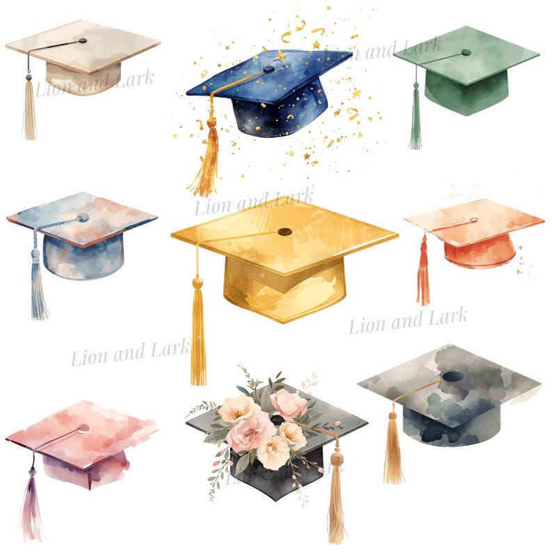 Watercolor Graduation Caps Clipart Pack | 10 Grad Caps, Senior Graphics ...