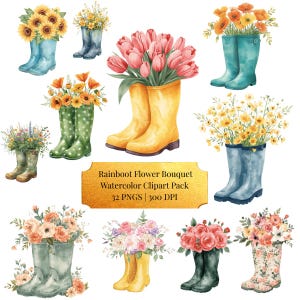 Könnte beinhalten: Aquarell-Clipart-Paket mit verschiedenen Gummistiefeln, gefüllt mit bunten Blumen. Die Stiefel sind in Blau, Grün, Gelb und floralen Mustern gehalten. Zu den Blumen gehören Sonnenblumen, Tulpen und Mohnblumen. Der Text auf dem Bild lautet "Rainboot Flower Bouquet Watercolor Clipart Pack 32 PNGS | 300 DPI."