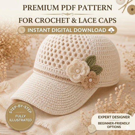 Meadow Bloom Crochet Baseball Cap Pattern | Floral Mesh Summer Sun Visor Hat Tutorial ,PDF avalible in English ,Franch& Garmen  language.