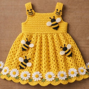 Crochet Honey Bee Dress Pattern, Daisy Trim Baby Frock (PDF Download)