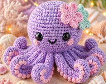 Purple Crochet Octopus Plushie | Kawaii Amigurumi Sensory Toy, Velvet Stuffed Animal