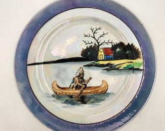 Plato antiguo japonés de loza brillante pintado a mano con escena de canoa indígena, color púrpura, 7,25 pulgadas.
