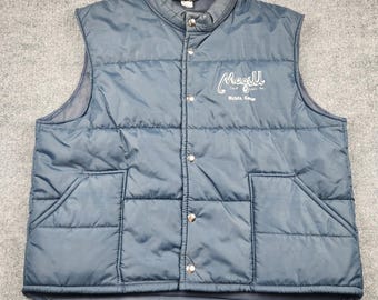 Colete acolchoado vintage Pla-Jac Dunbrooke tamanho XL, azul marinho, Magill Truck Lines, fabricado nos EUA.
